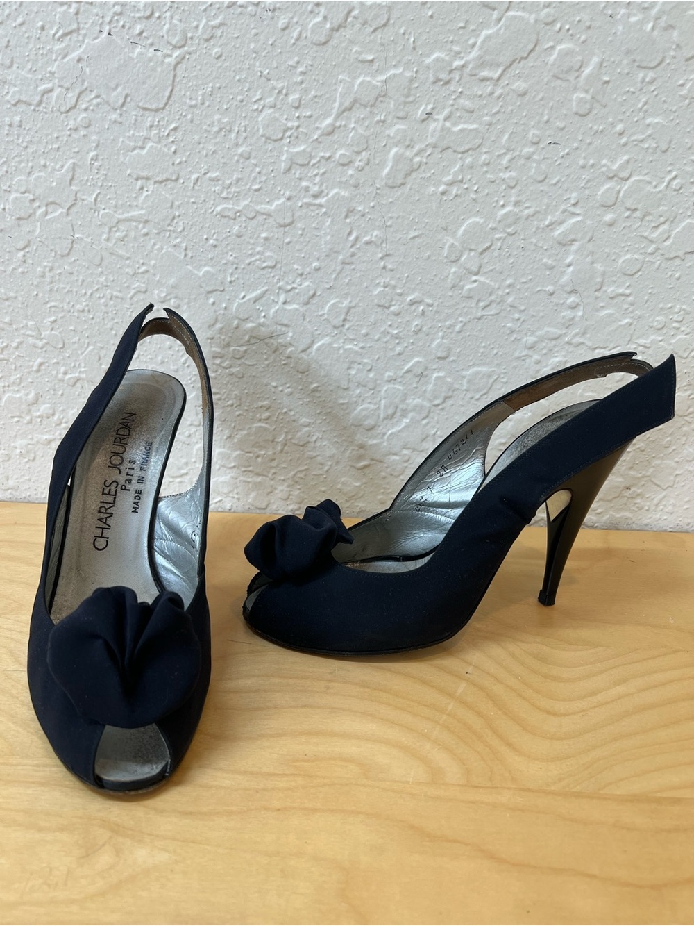Charles Jourdan Black Open-Toe Slingback Heels with Front Knot